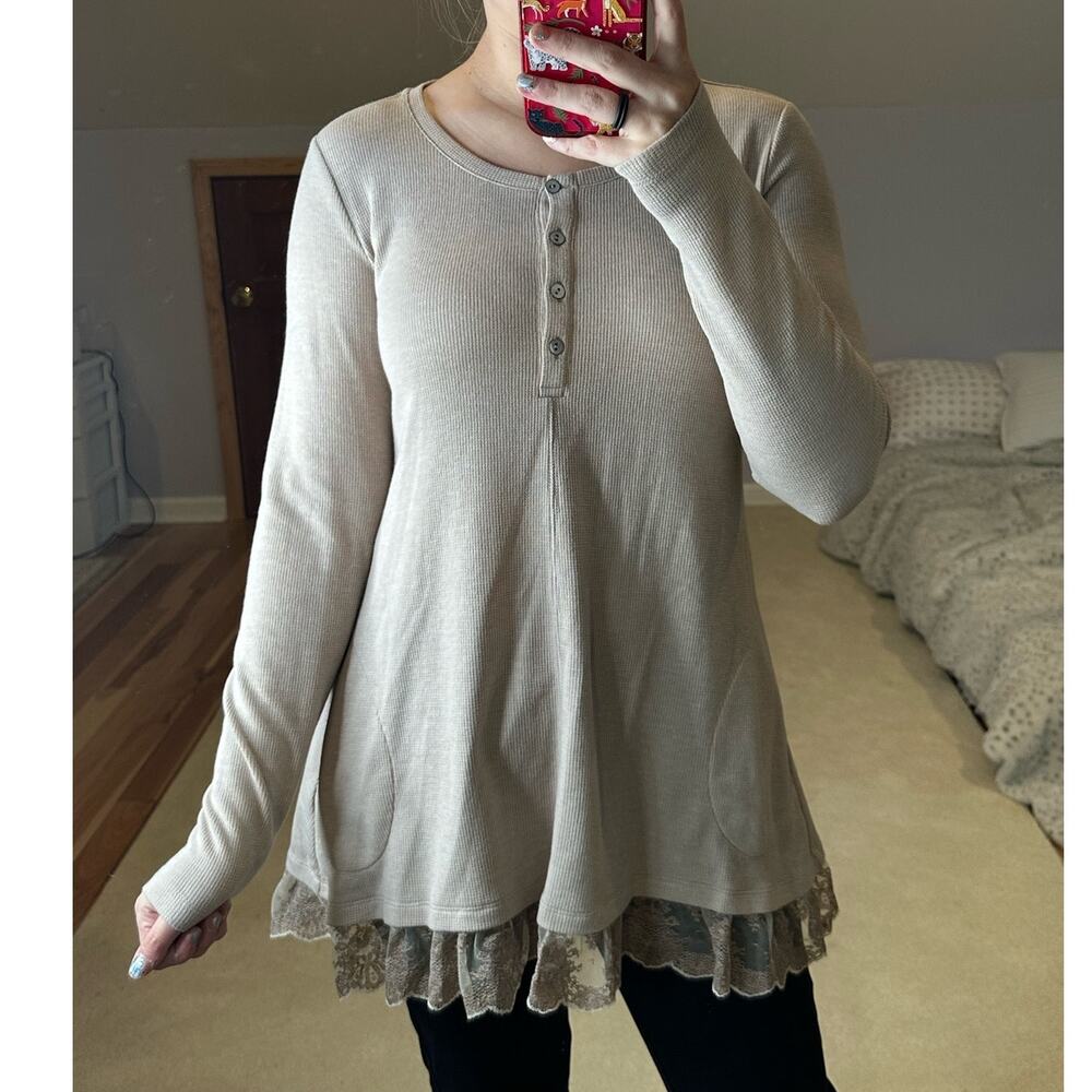 LOGO: Waffle Lace Henley Taupe Thermal Long Sleeve Blouse